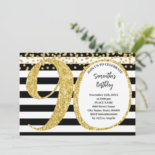 Invitation 90e Parties scintillant Black White et Gold modern (Debout devant)