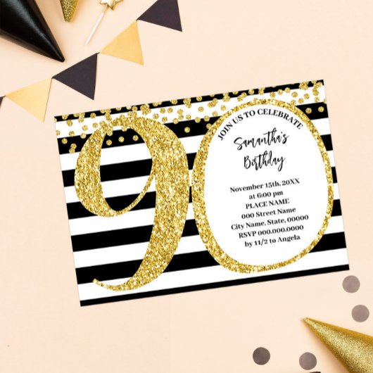 Invitation 90e Parties scintillant Black White et Gold modern