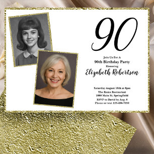 Invitation 90e photo personnalisée Blanc et Or