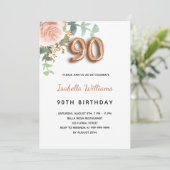 Invitation 90ème anniversaire fleuri rose or eucalyptus vert (Debout devant)