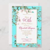Invitation 90ème Floral Aqua Bleu Élégant Monogramme Annivers (Dos)