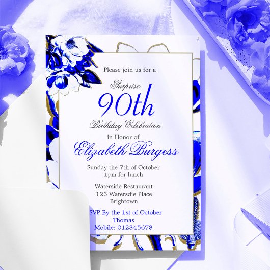 Invitation 90ème Floral Bleu et Blanc Printemps Elégant Anniv
