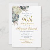 Invitation 90ème Floral Blue Gold Elegant Photo Anniversaire (Devant)