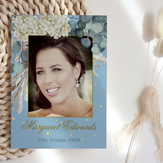 Invitation 90ème Floral Blue Gold Elegant Photo Anniversaire