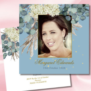 Invitation 90ème Floral Blue Gold Elegant Photo Anniversaire