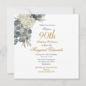 Invitation 90ème Floral Blue Gold Elegant Photo Anniversaire (Devant)