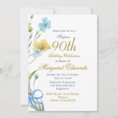 Invitation 90ème Floral Gold Elegant Photo Anniversaire (Devant)