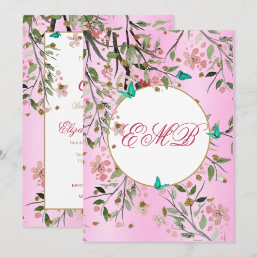 Invitation 90ème Floral Pink Chic Élégant Monogramme Annivers (Devant / Derrière)