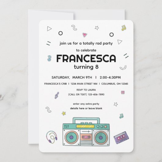 Invitation 90's Totally Rad Music Thème Anniversaire (Devant)