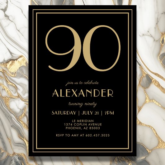 Invitation 90th Birthday Black and Gold Modern Minimal Adult
