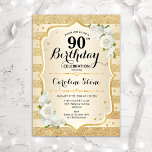 Invitation 90th Birthday - Gold Stripes White Roses<br><div class="desc">90th Birthday Invitation. Elegant design in gold and white. Features faux glitter gold stripes,  white roses stylish script font and confetti. Perfect for a glam birthday party.</div>