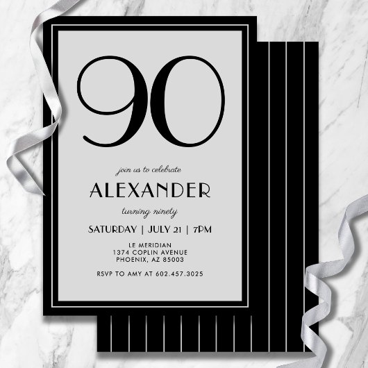 Invitation 90th Birthday Modern Minimalist Mens Black Gray