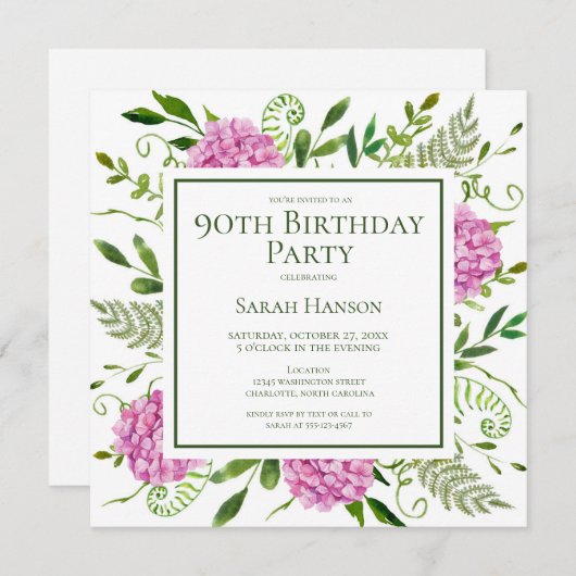 Invitation 90th Birthday Pink Hydrangeas Card Request (Devant / Derrière)