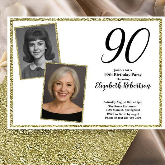 Invitation 90th Custom Photo White and Gold 