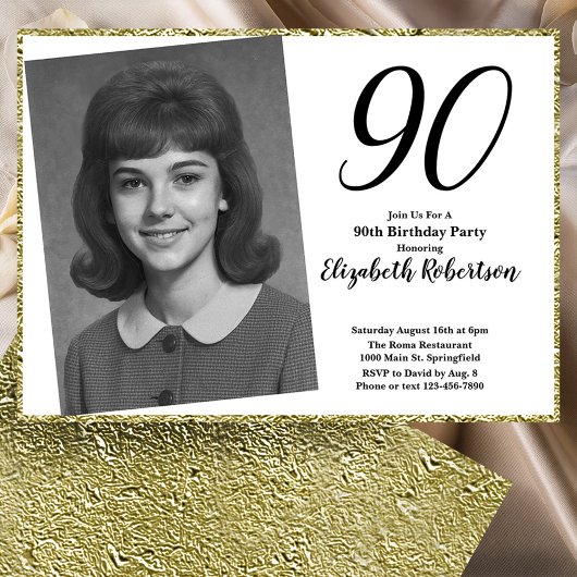 Invitation 90th Custom Photo White and Gold