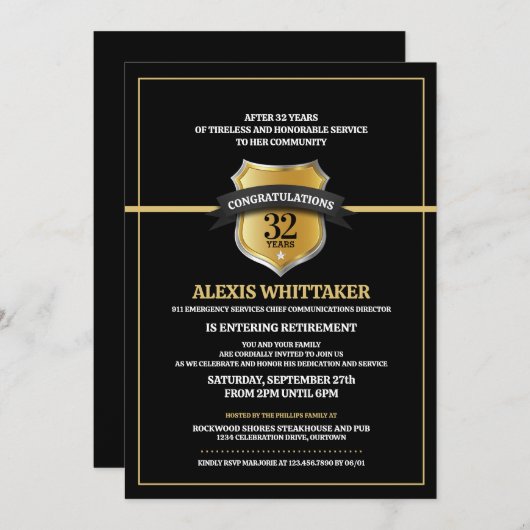 Invitation 911 Dispatch Thin Gold Line Retraite Party Invit (Devant / Derrière)