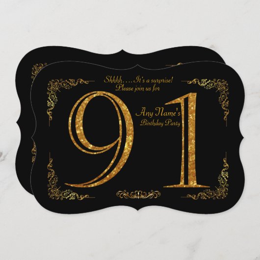 Invitation 91e,Fête d'anniversaire 91e,grand Gatsby,noir & or (Devant / Derrière)
