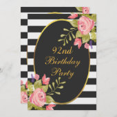 Invitation 92e anniversaire Floral Black White Stripes Gold F (Devant / Derrière)