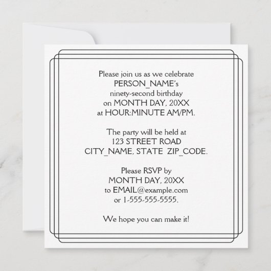 Invitation 92e fête d'anniversaire : Style Art Déco avec nom  (Dos)