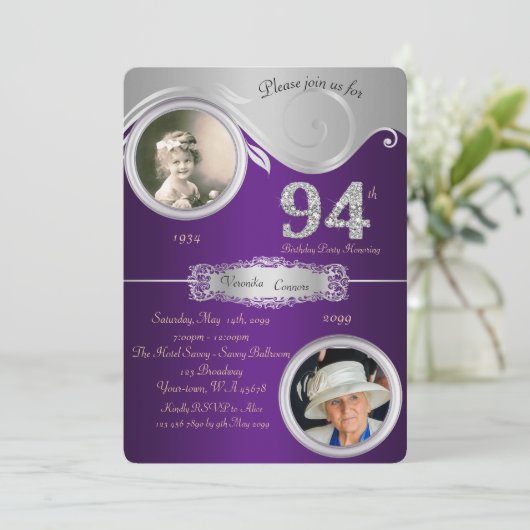 Invitation 94e,Anniversaire 94e,élégant art déco,violet (Debout devant)