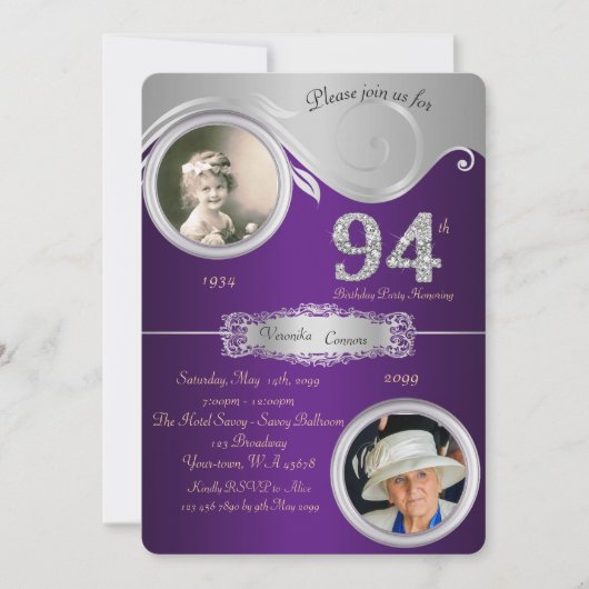 Invitation 94e,Anniversaire 94e,élégant art déco,violet (Devant)