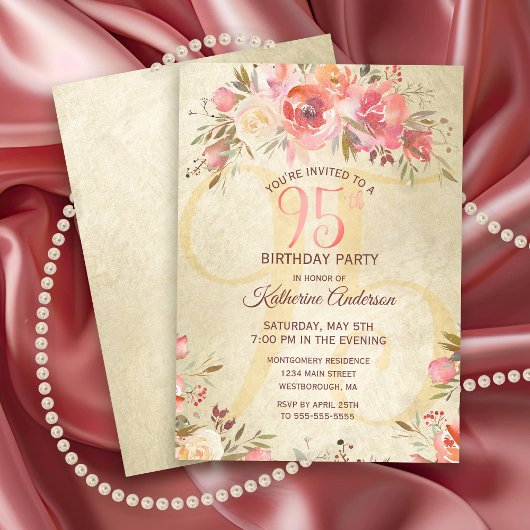 Invitation 95e anniversaire Floral rose Roses Gold Shimmer Pa