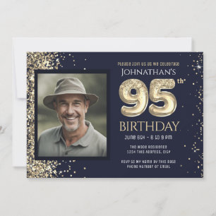 Invitation 95e anniversaire Parties scintillant d'or Bleu pho