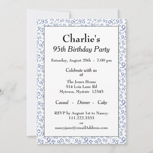 Invitation 95e anniversaire Random Number Motif bleu/blanc (Devant)
