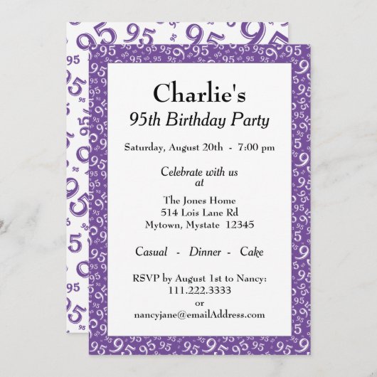 Invitation 95e anniversaire Random Number Motif violet/blanc (Devant / Derrière)