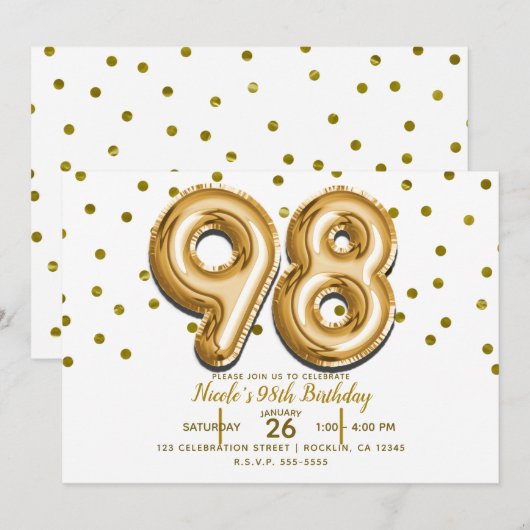 Invitation 98 Gold Balloons & Confetti 98e fête d'anniversair (Devant / Derrière)