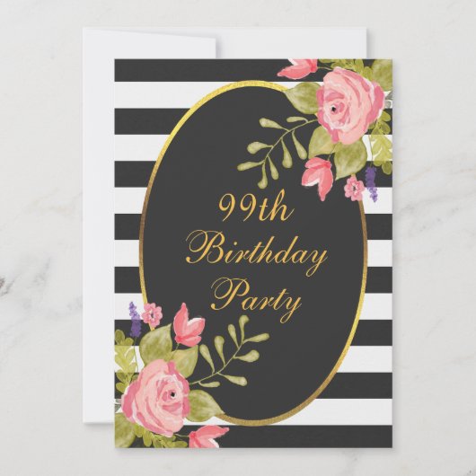 Invitation 99e anniversaire Floral Black White Stripes Gold F (Devant)