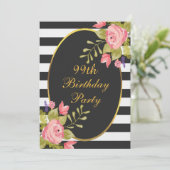Invitation 99e anniversaire Floral Black White Stripes Gold F (Debout devant)