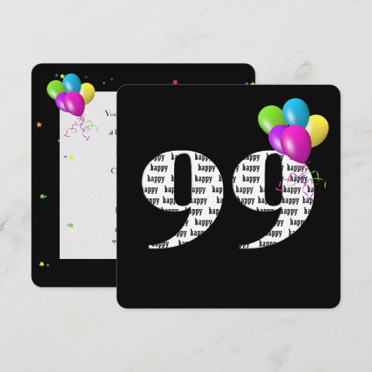 Invitation 99e fête d'anniversaire avec bouquet de ballons (Devant / Derrière)