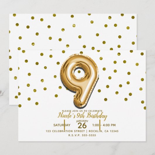Invitation 9 Neuf Balloon d'or Confetti 9e fête d'anniversair (Devant / Derrière)