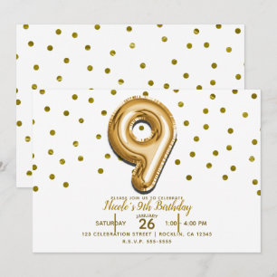 Invitation 9 Neuf Confetti de ballons d'or 9e fête d'annivers