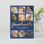 Invitation 9 Photo Collage Blue Gold Graduation Party (Debout devant)