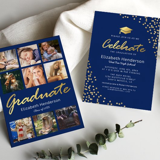 Invitation 9 Photo Collage Blue Gold Graduation Party