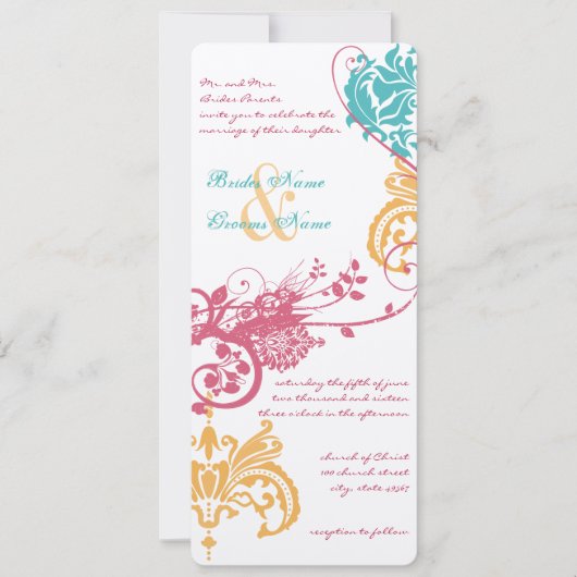Invitation 9 x 4 couleurs de mariage printanière Damas floral (Devant)
