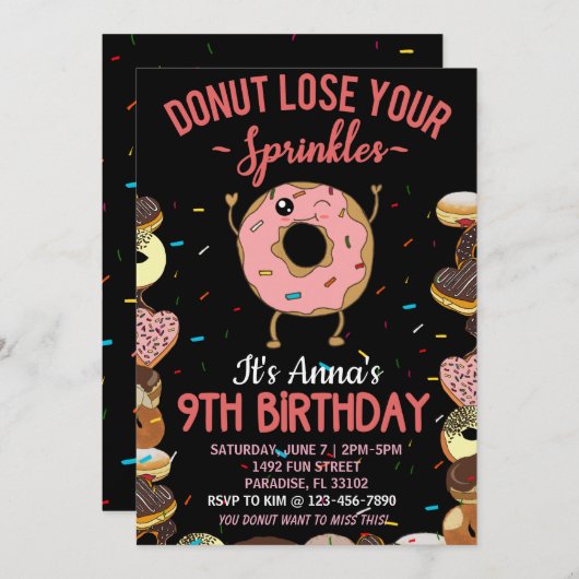 Invitation 9e anniversaire Donut Perdre vos arrosées filles (Devant / Derrière)