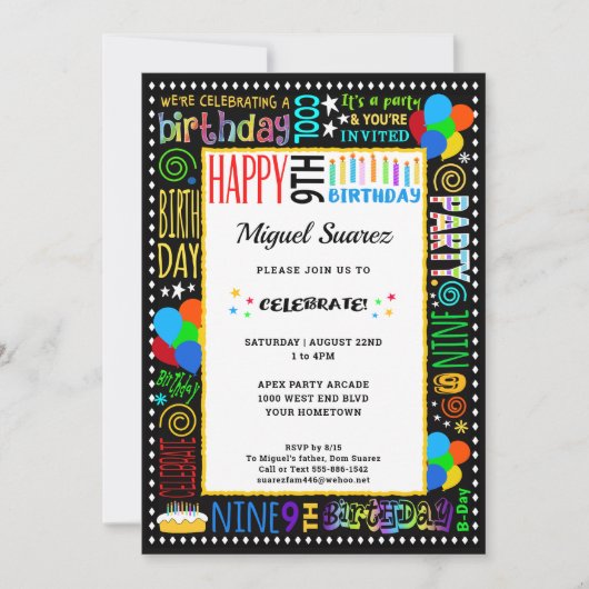 Invitation 9e anniversaire Fun Couleur Crazy Texte sur Black  (Devant)