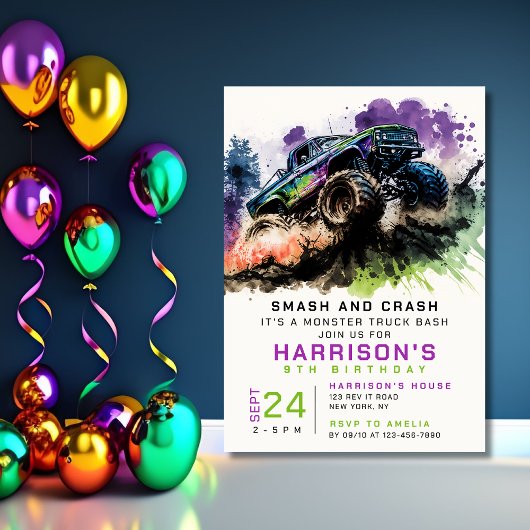 Invitation 9e anniversaire Monster Truck Smash Crash Boy