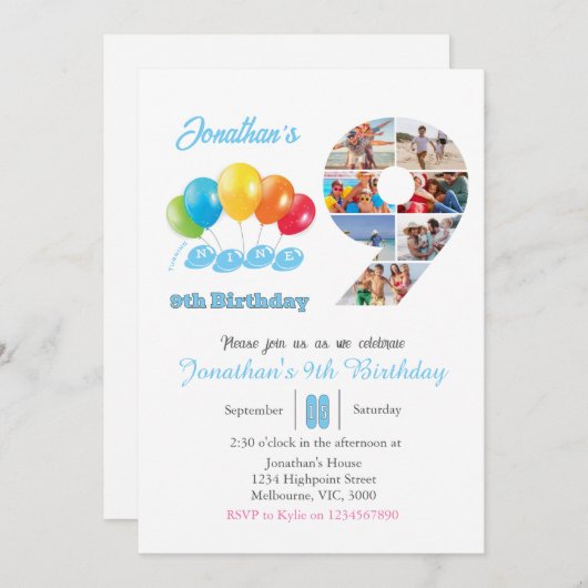 Invitation 9e anniversaire photo collage numéro 9 Garçon (Devant / Derrière)