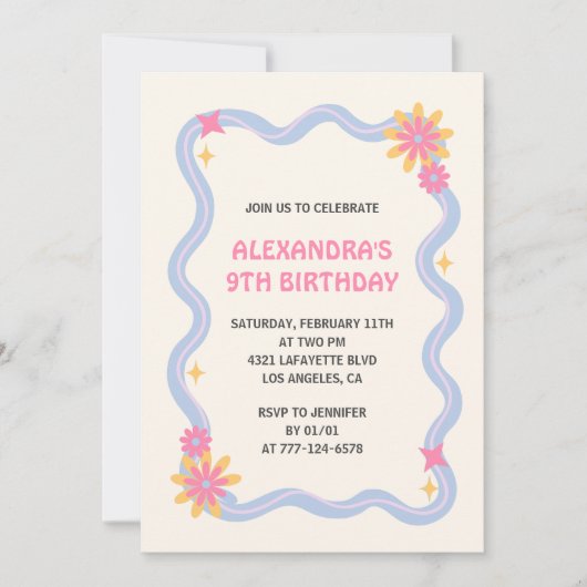 Invitation 9e anniversaire Retro Super Rose Fleurs (Devant)