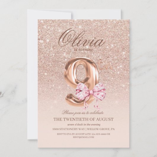 Invitation 9e anniversaire Rose rose or bow fête d'anniversai (Devant)