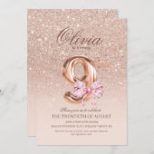 Invitation 9e anniversaire Rose rose or bow fête d'anniversai (Devant / Derrière)