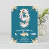 Invitation 9e anniversaire Turquoise Fleur photo Collage bleu (Debout devant)