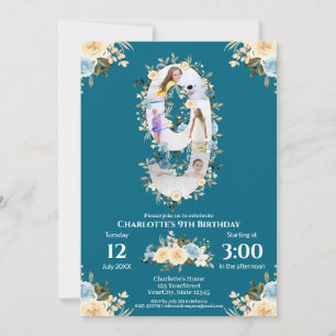 Invitation 9e anniversaire Turquoise Fleur photo Collage bleu