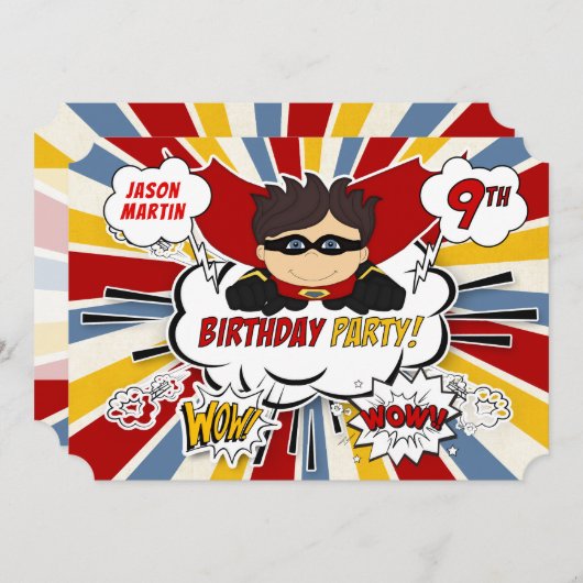 Invitation 9e fête d'anniversaire garçons Superhero Red Comic (Devant / Derrière)