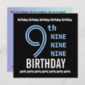 Invitation 9e fête d'anniversaire Moderne Bleu et Noir G200 (Devant / Derrière)