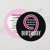 Invitation 9e fête d'anniversaire moderne rose et noir W689B2 (Devant / Derrière)